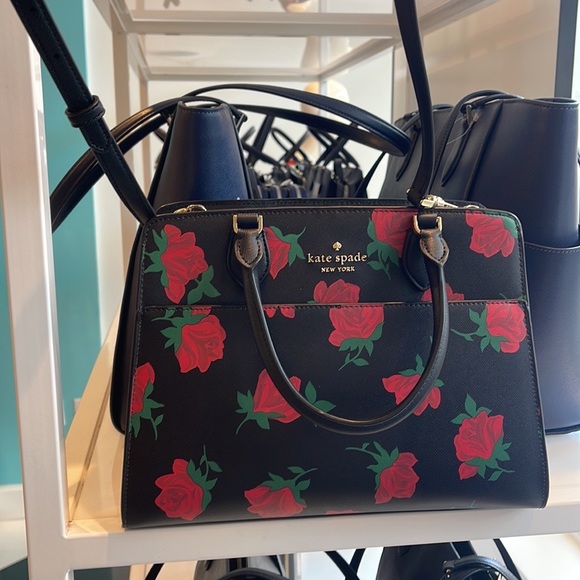 Kate Spade Madison Safiano Leather Medium Rose Toss Print Satchel Handbag Black - Picture 6 of 16